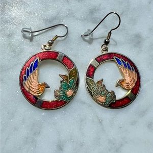 Rare Vintage Cloisonné Earrings and Set of 3 Matching Nails Stickers. 2 inches